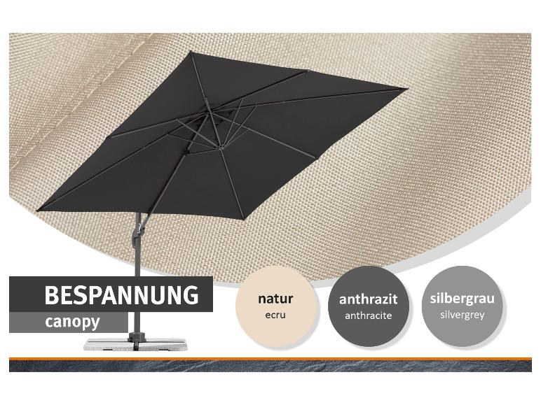 Parasol déporté anthracite avec options de couleur de toile : naturel, anthracite, gris argenté.