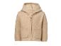 Veste beige pour enfant avec capuche et fermeture éclair, en tissu doux et laineux.