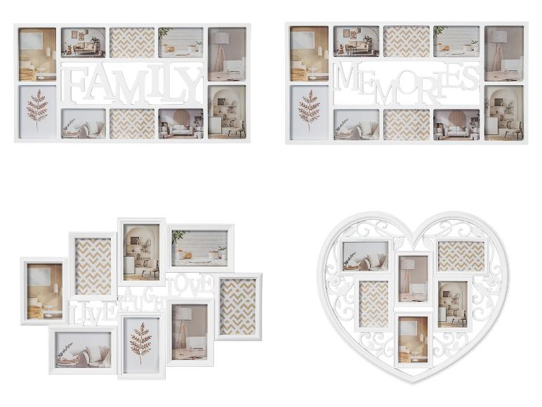 Cadres photo blancs avec les inscriptions 'Family', 'Memories' et 'Live, Laugh, Love