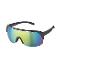 Lunettes de soleil noires avec des verres miroir bleus et jaunes.