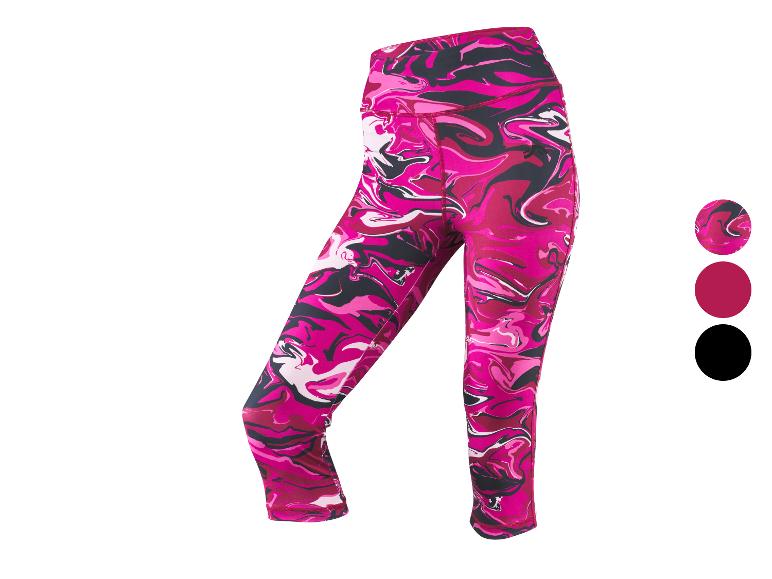 Legging 3/4 femme avec motif marbré rose et trois échantillons de couleurs.