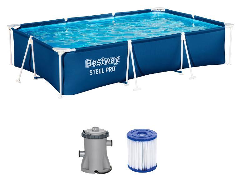 Piscine hors sol rectangulaire avec cadre métallique, pompe de filtration et cartouche filtrante.