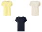 Hauts à manches courtes pour femmes : un jaune, un beige et un bleu marine avec col en V.
