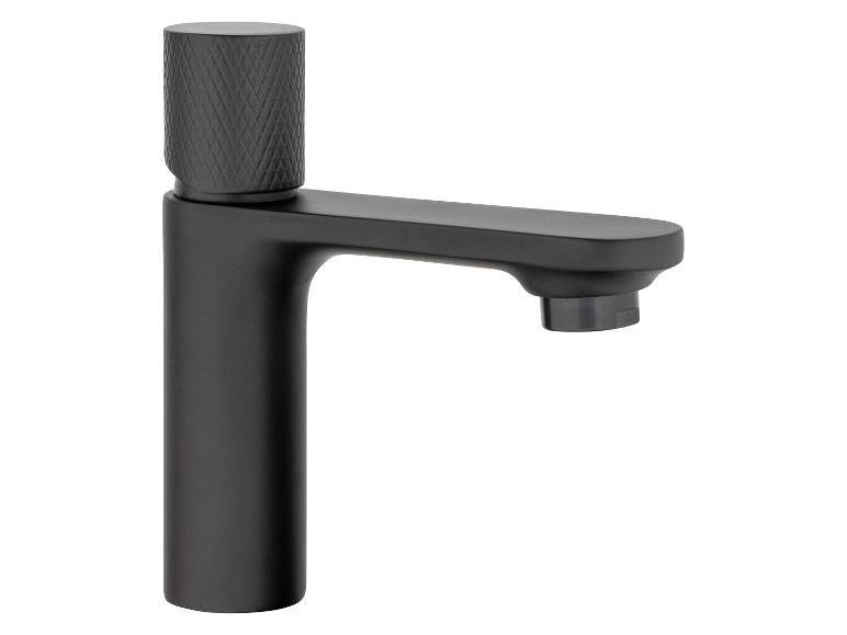 Robinet de lavabo moderne, noir mat, à levier unique.
