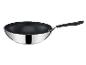 Wok en acier inoxydable avec revêtement antiadhésif et poignée noire.