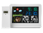 Station météo numérique avec capteur extérieur affichant température, humidité, prévisions, phase lunaire et heure.