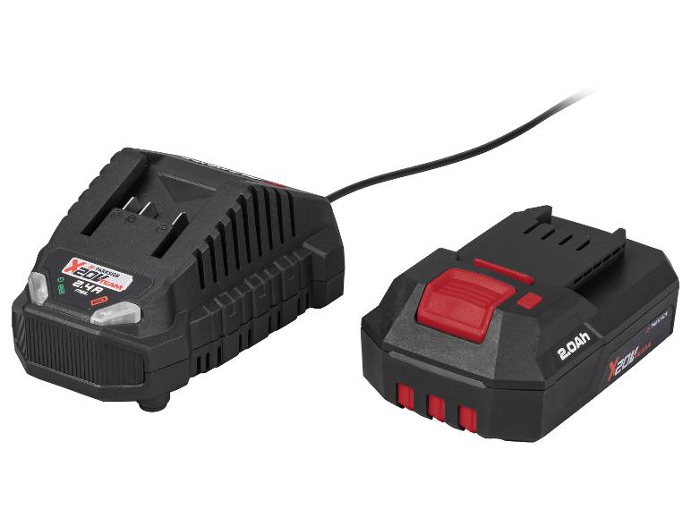 Chargeur et batterie d'outil, noirs avec des accents rouges, 2.0Ah et 2.4A max.
