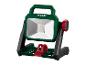 Lampe de travail LED portable avec cadre vert, accents rouges et support noir