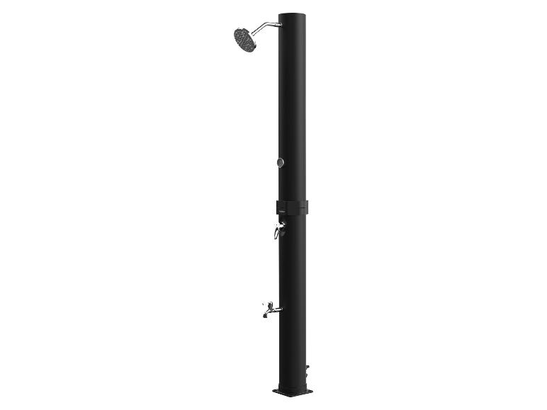 Douche extérieure noire avec pommeau de douche, robinet et contrôle de la température.
