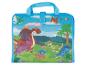 Sac bleu avec poignée et dessin de dinosaures dans un paysage préhistorique.