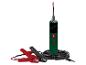 Un testeur de circuit électrique vert et noir avec des pinces rouges et noires, sur fond blanc.