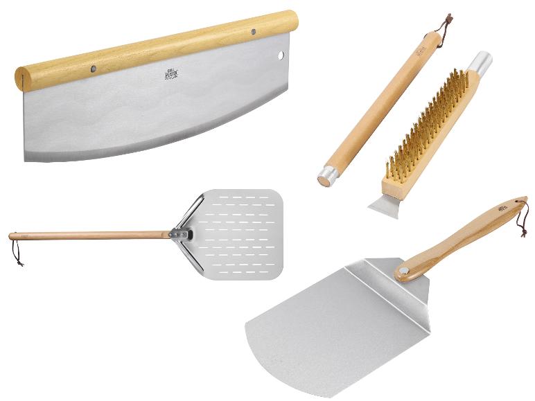 Coupe-pizza, pelle à pizza, brosse de barbecue et spatule avec manches en bois.