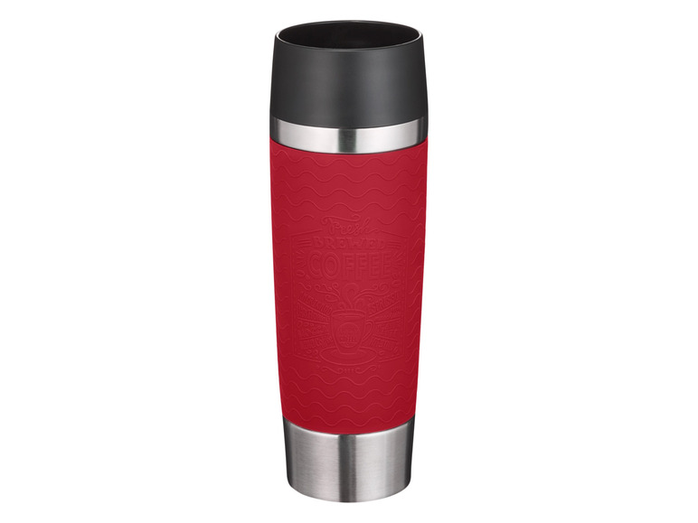 Une thermos à café rouge avec un motif de café.