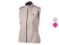Gilet de sport beige avec fermeture éclair et détails noirs, avec échantillons de couleur.