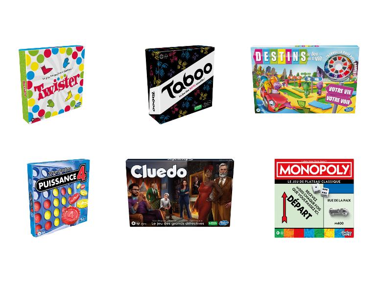 Six jeux de société : Twister, Taboo, Destins, Puissance 4, Cluedo et Monopoly.