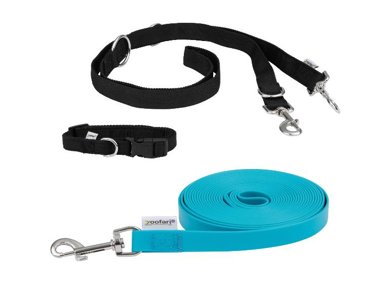 Ensemble d'accessoires pour chien Zooafari : collier, laisse double et laisse ruban.