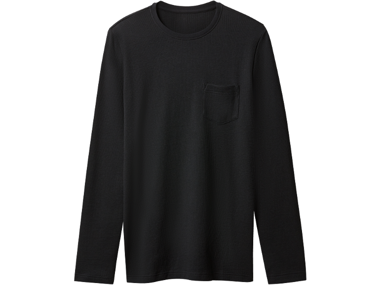 T-shirt noir à manches longues pour homme avec col rond et poche poitrine.