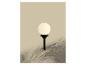 Lumière de jardin sphérique extérieure sur un poteau noir, entourée de plantes et de paillis.