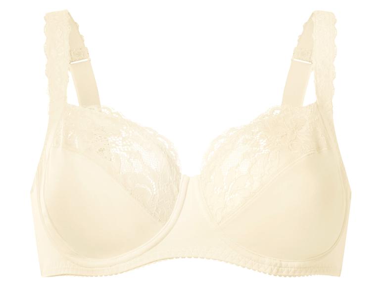Soutien-gorge beige avec détails en dentelle sur les bretelles et les bonnets.