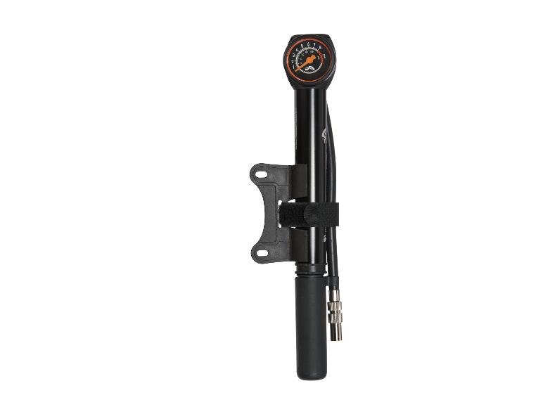 Pompe à vélo noire avec manomètre affichant la pression en PSI et BAR.