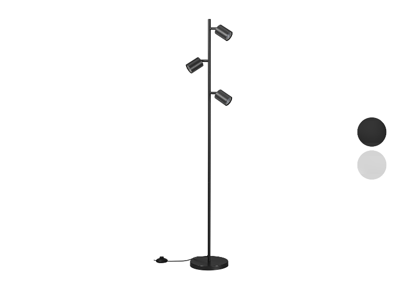 Lampadaire noir avec trois spots réglables et une base ronde.
