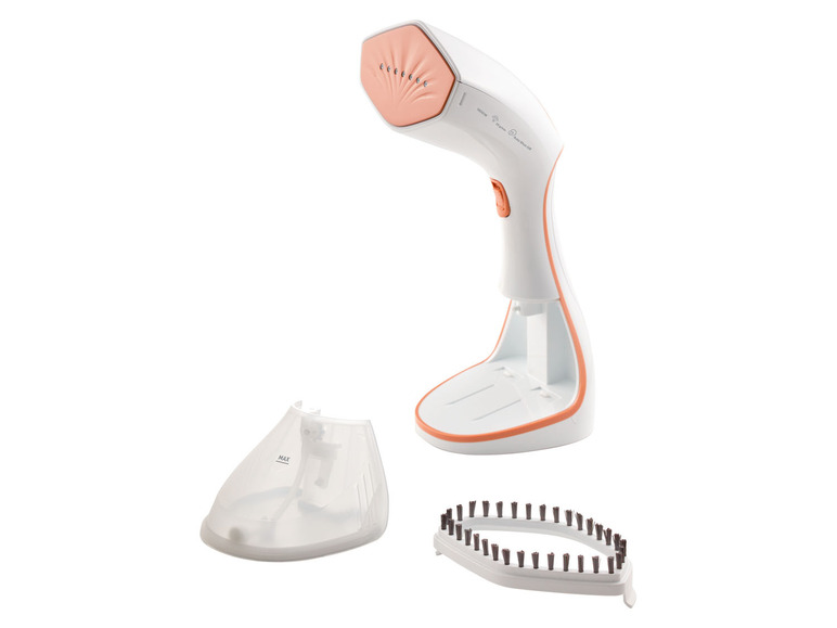 Un fer à repasser vapeur à main avec des accessoires, y compris une brosse.