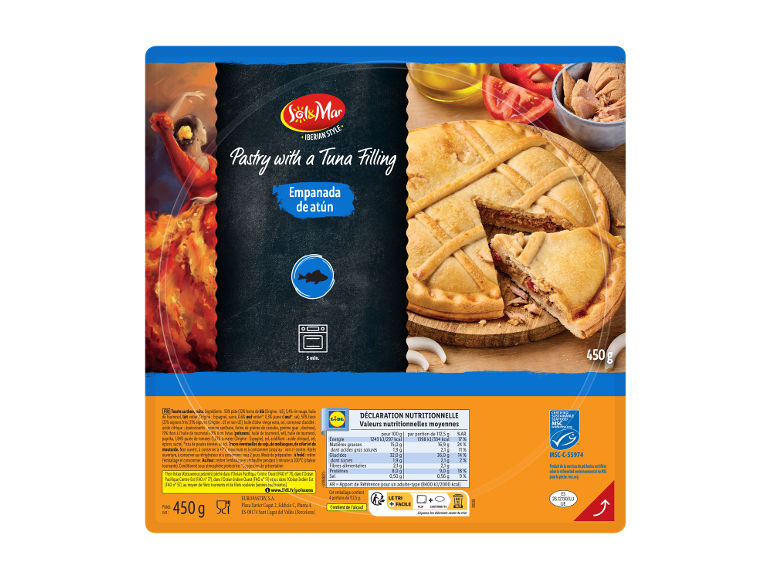 Empanada au thon, style ibérique, avec informations nutritionnelles et instructions de cuisson.