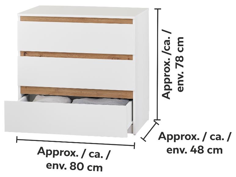 Commode blanche à trois tiroirs avec détails en bois, dimensions env. 78x80x48 cm.