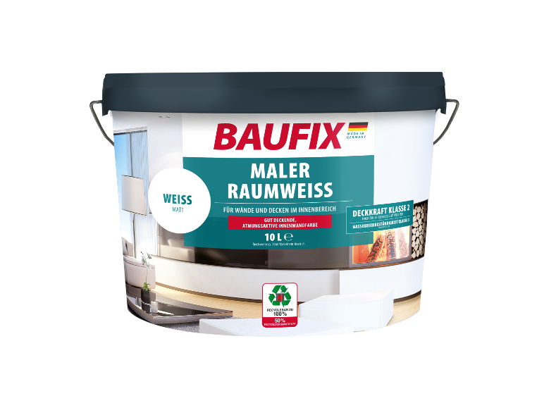Peinture murale et plafond Baufix : pot de 10 L, blanc mat.