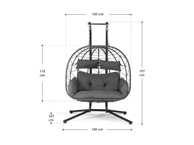 Fauteuil suspendu gris avec coussins et dimensions : 197 cm de haut, 130 cm de large, 127 cm de profondeur.