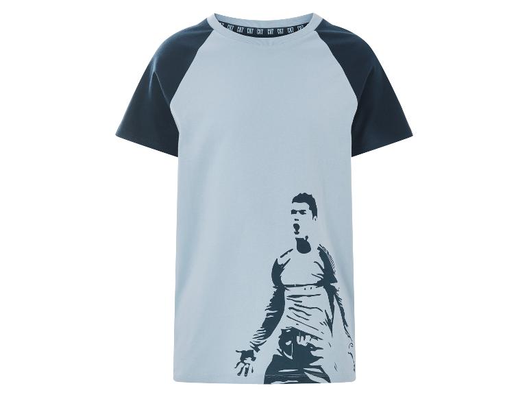 T-shirt bicolore pour enfant avec un imprimé de joueur de football.