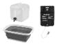 Bidon d'eau avec robinet, bassine pliable et douche de camping portable.