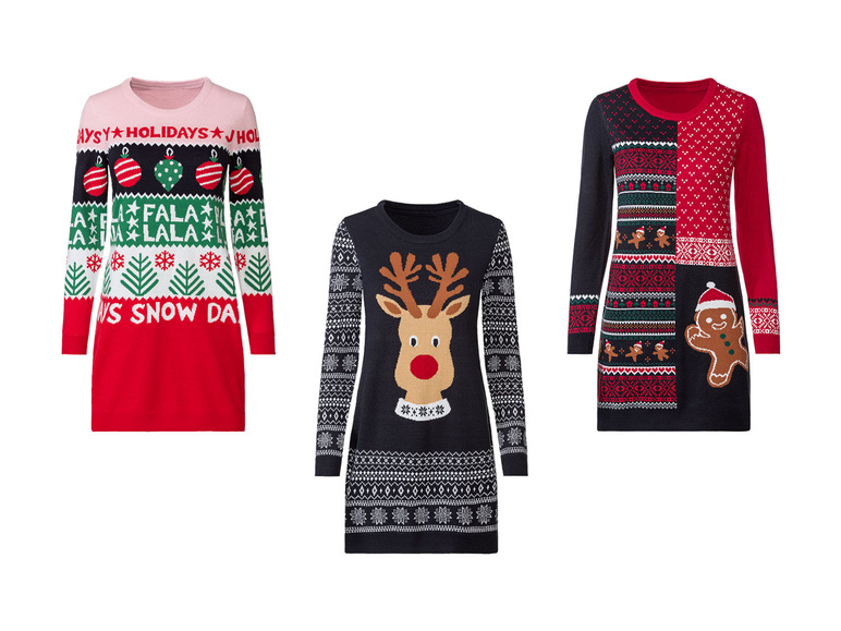 Trois robes de Noël avec un renne, un bonhomme en pain d'épices et des boules de Noël
