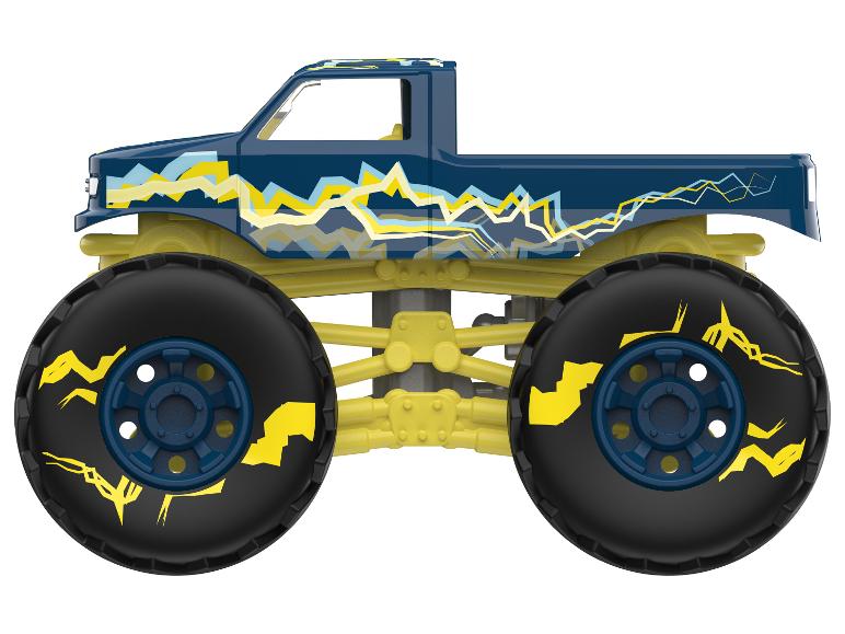 Jouet monster truck bleu avec des motifs d'éclairs jaunes