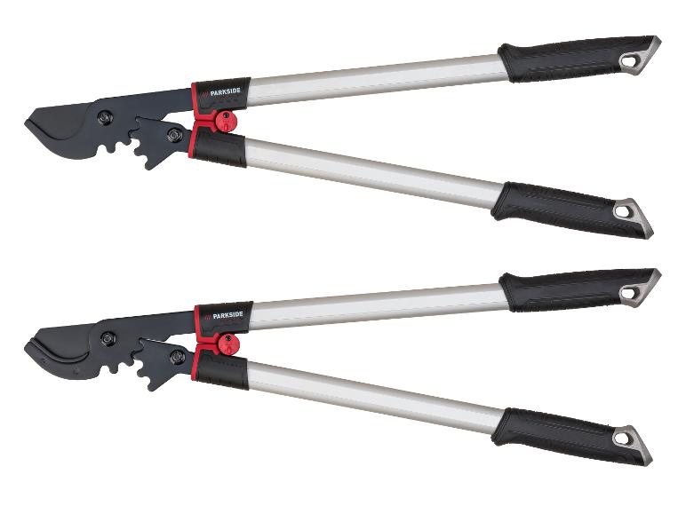 Deux sécateurs de force Parkside avec poignées noires et bras argentés.
