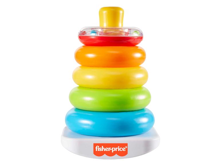 Jouet à empiler Fisher-Price avec des anneaux colorés et un anneau supérieur hochet.