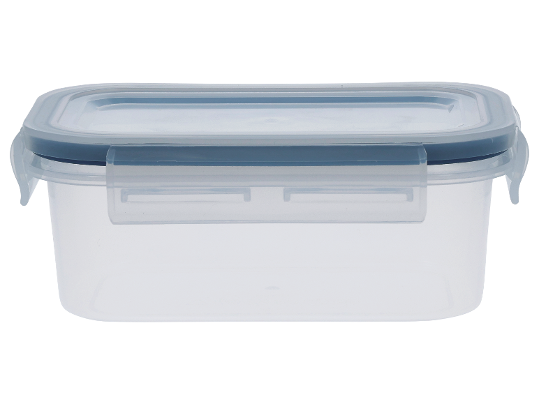 Boîte de conservation en plastique transparent avec couvercle.