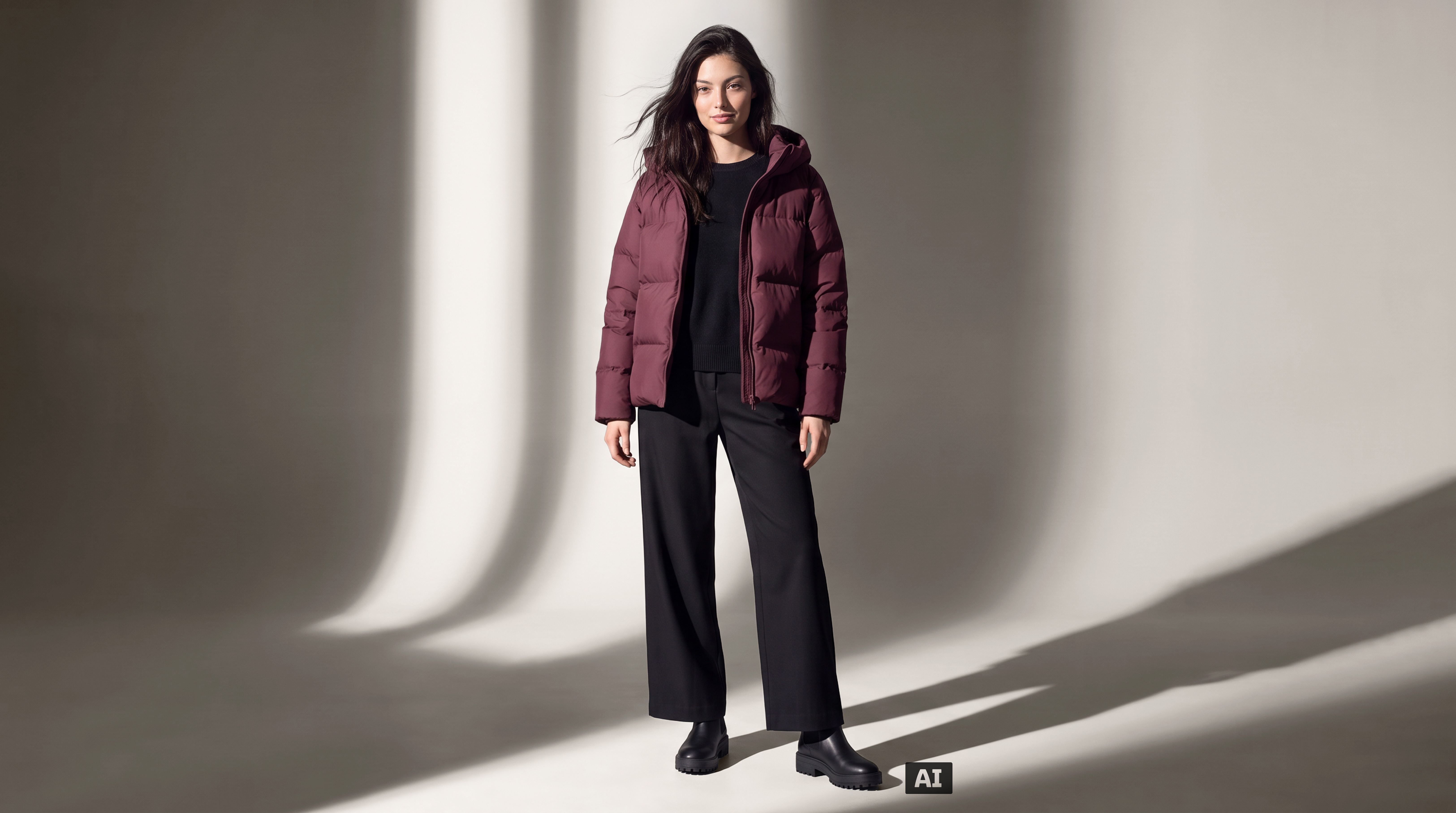Cette image a été générée par IA : un mannequin féminin porte la doudoune matelassée de couleur bordeaux