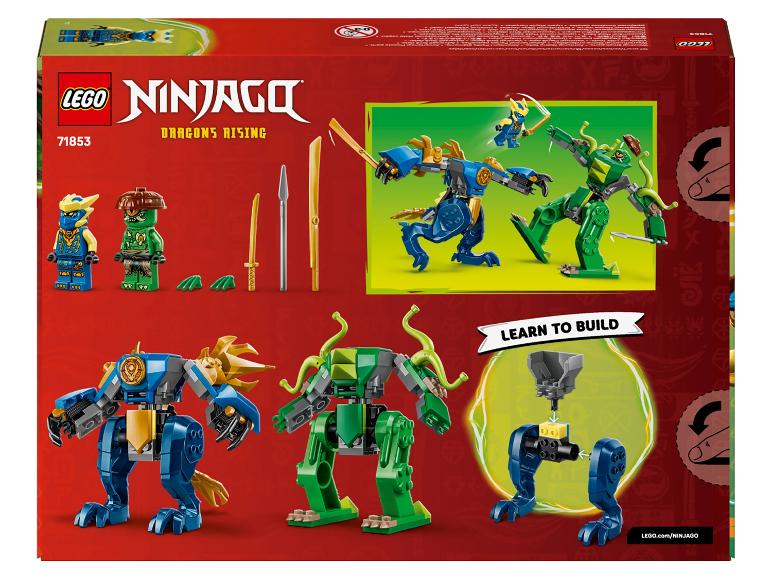 Ensemble de construction Ninjago Dragons Rising avec des mechs bleus et verts, des figurines et des armes.
