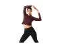 Une femme porte un haut bordeaux à manches longues et un legging noir.