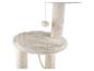 Arbre à chat beige avec poteaux à griffer, plateformes et jouet pompon suspendu.