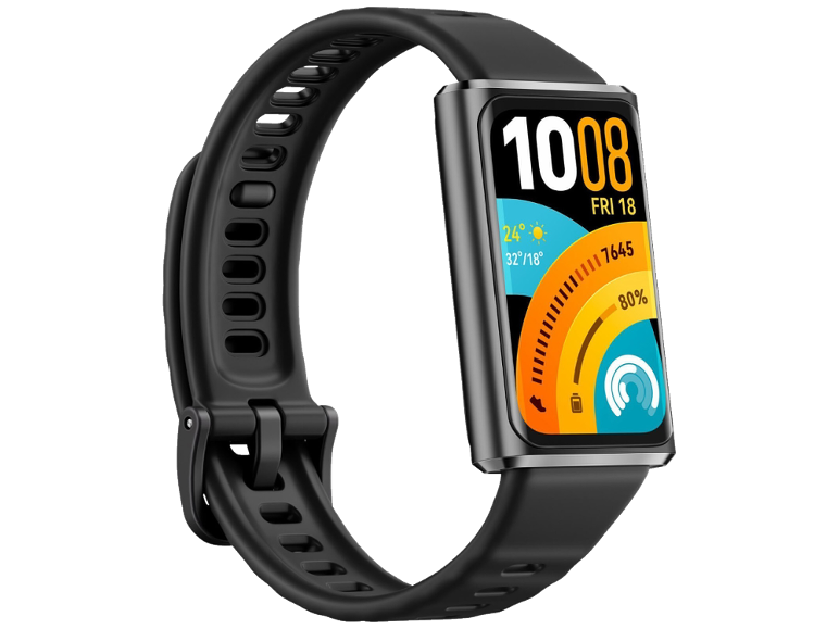Montre connectée noire avec écran couleur rectangulaire et bracelet en silicone.