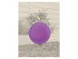 Lampe de jardin sphérique violette sur fond de clôture en bois et de plantes.