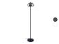 Lampe sur pied noire avec abat-jour en verre foncé.