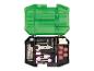 Ensemble d'accessoires pour outils rotatifs dans un étui de rangement vert et noir ouvert.