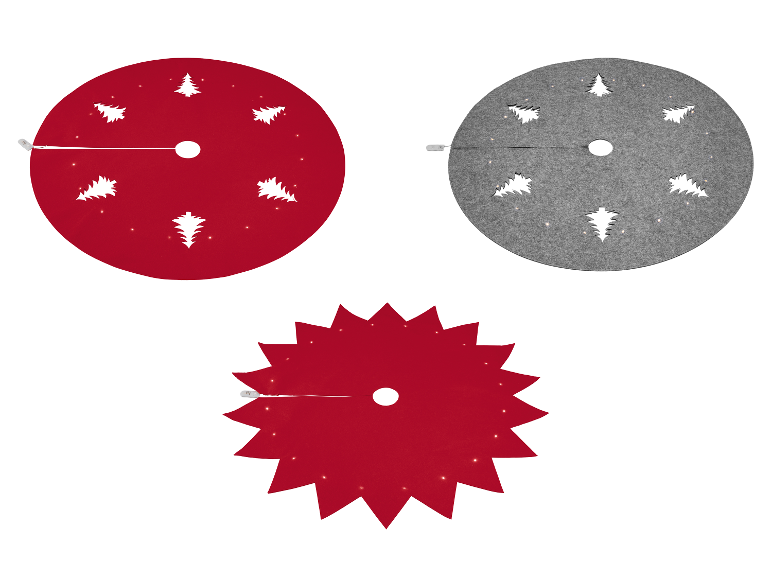 Trois jupes de sapin de Noël éclairées par LED : deux rouges (une ronde, une en étoile) et une grise ronde, toutes avec des découpes d'arbres.