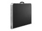 Table pliante portable avec plateau noir et structure aluminium.