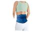 Femme de dos portant une brassière de sport vert clair et une ceinture de soutien lombaire bleue.