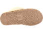 Dessous d'une pantoufle beige avec un motif de semelle ondulé et un logo de signe de paix.
