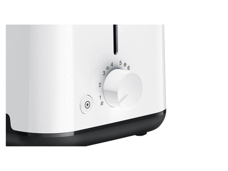Grille-pain blanc avec molette de contrôle du dorage et bouton d'annulation.